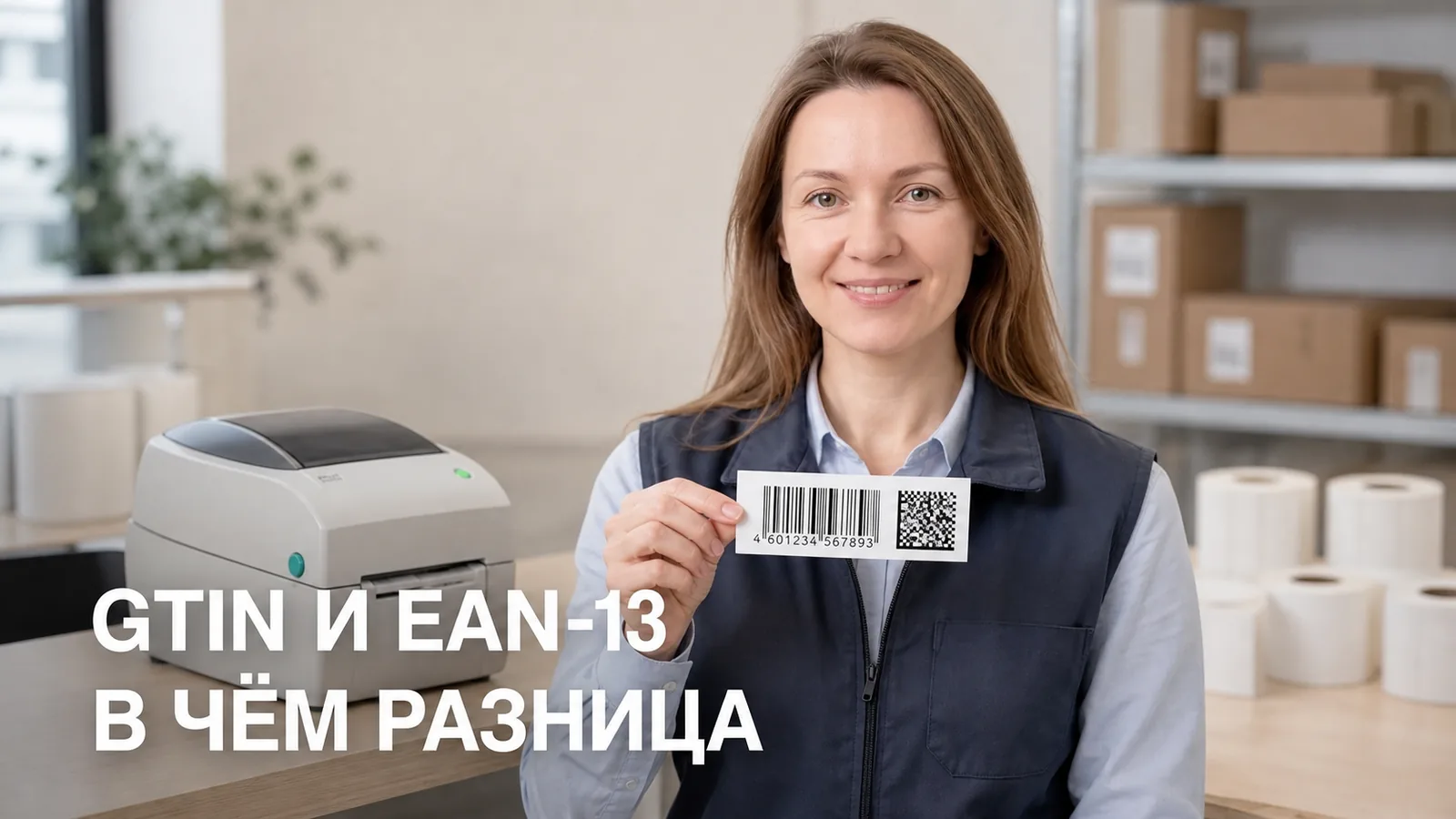 Героиня ЗНАКЕТЫ у термопринтера держит этикетку со штрихкодом EAN-13 и кодом Data Matrix
