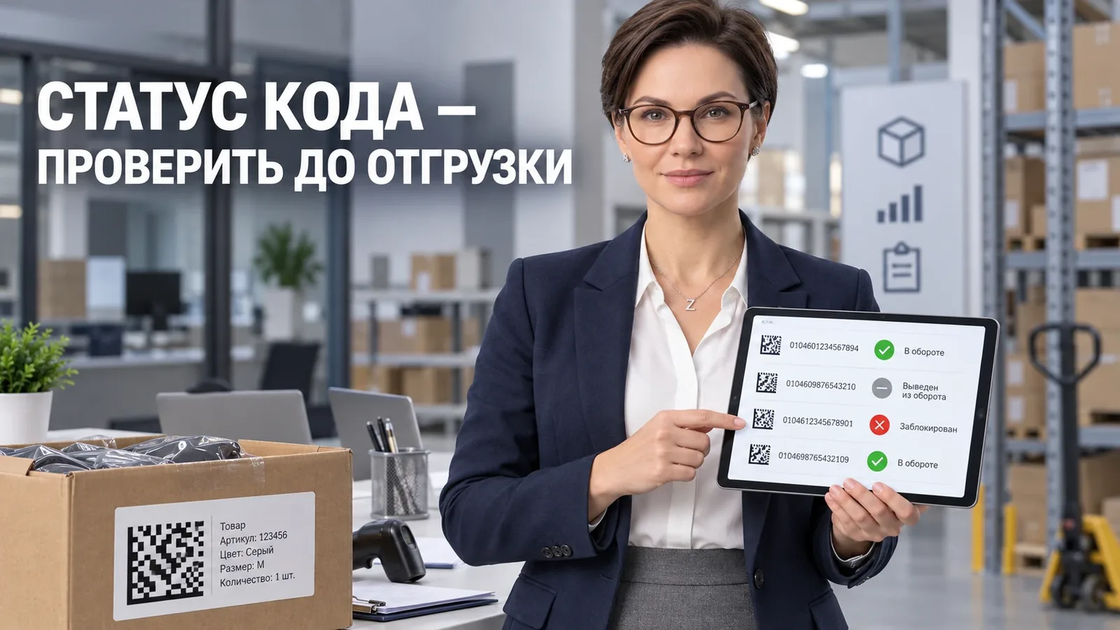 Селлер в очках проверяет статусы кодов маркировки на планшете перед отгрузкой; рядом коробка с этикеткой Data Matrix