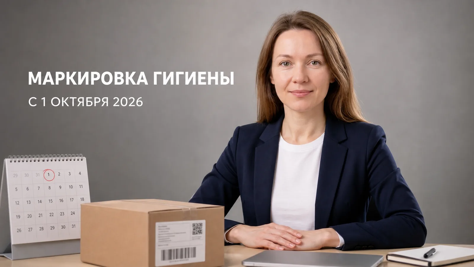 Героиня ЗНАКЕТЫ у календаря с датой 1 октября 2026 и коробки с этикеткой Data Matrix