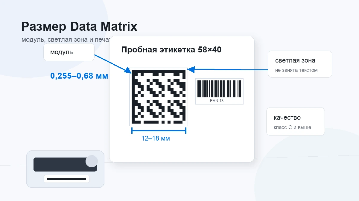 Этикетка 58×40 с кодом Data Matrix, размером модуля, светлой зоной и проверкой качества печати